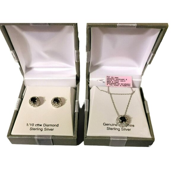 Sterling Silver Blue Sapphire & Diamond Necklace & Earrings Sept Birthstone DH1 - Picture 12 of 16